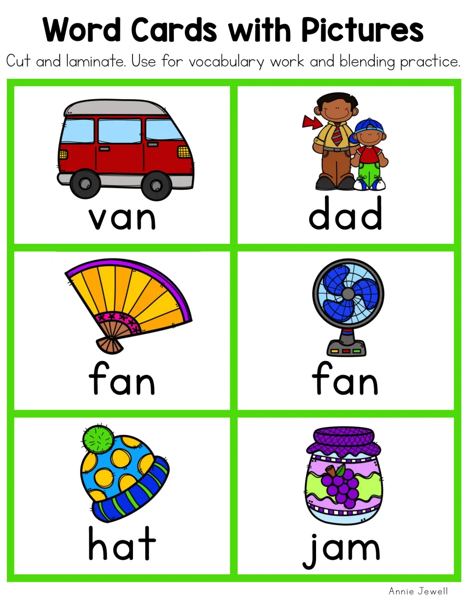 Color short a word cards to cut out: van, dad, fan (hand fan), fan (electric), hat and jam with picture clues
