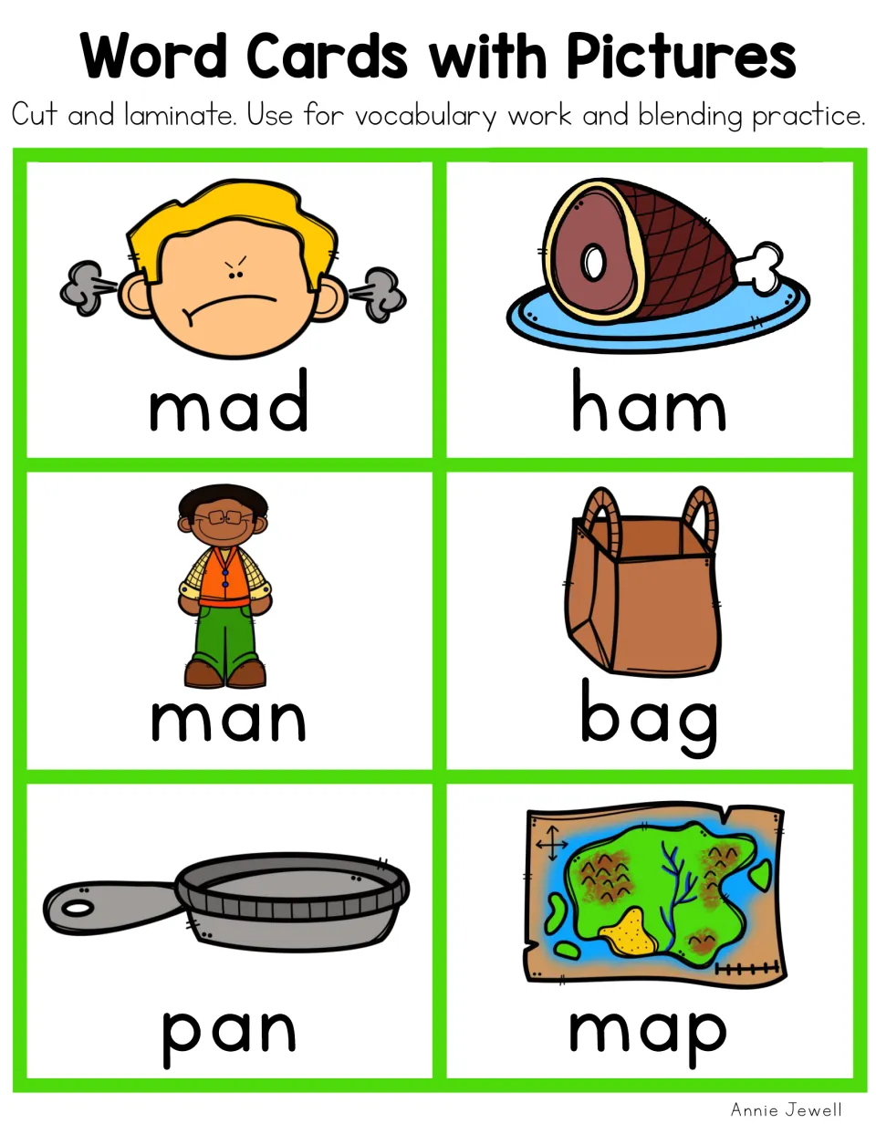 Blending CVC short a words with color pictures: mad, ham, man, bag, pan and map cards for reading practice