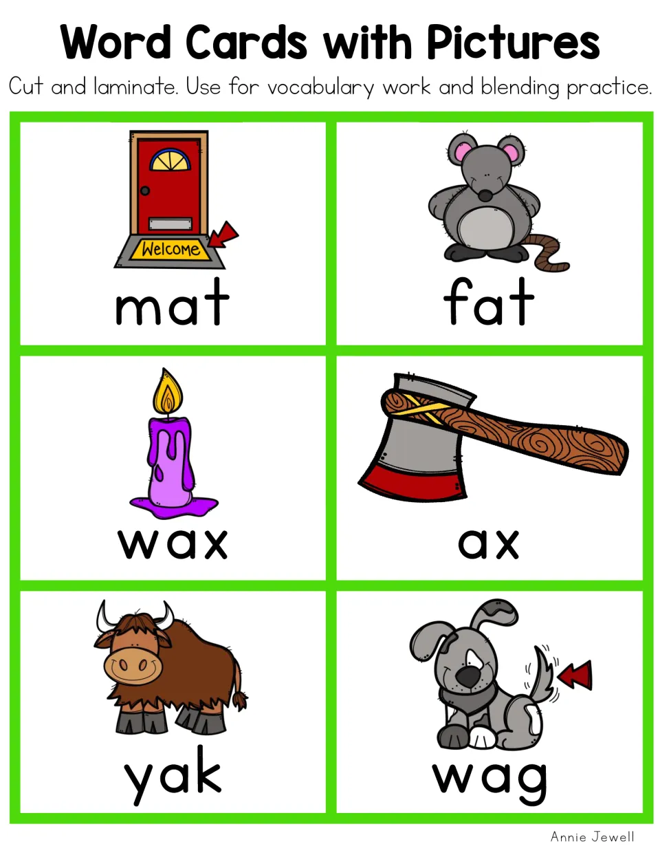 Short a vocabulary cards in color: mat, fat, wax, ax, yak and wag, each word paired with a picture clue