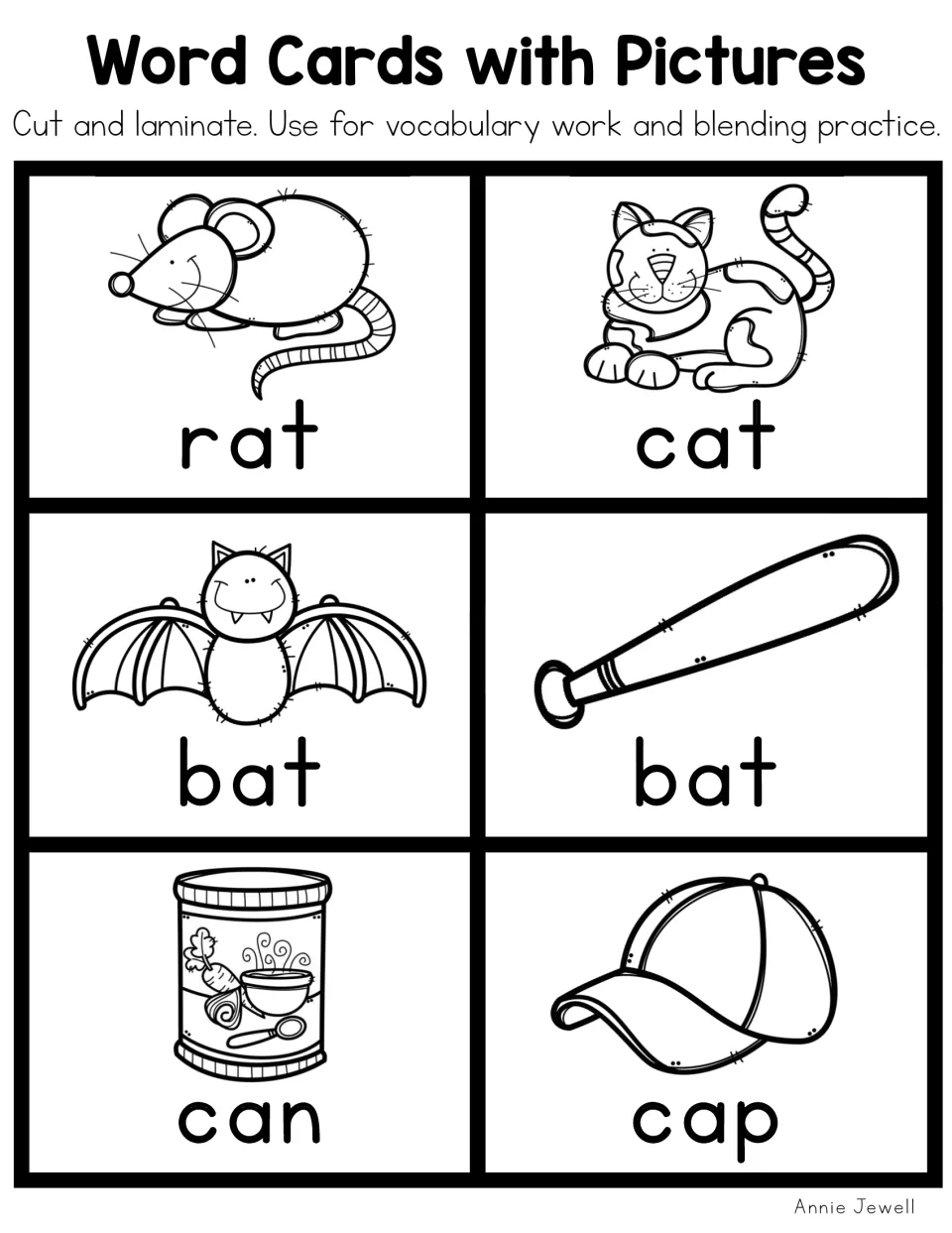 Blackline short a cards: rat, cat, bat, bat, can and cap as outline pictures for reading and blending