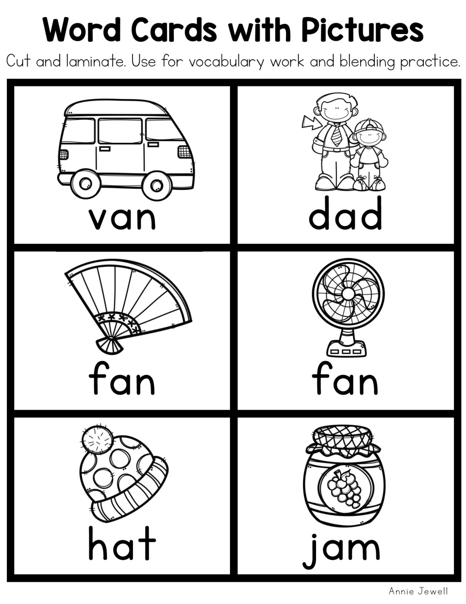 Black-and-white CVC cards for blending short a: van, dad, fan, fan, hat and jam with outline picture clues