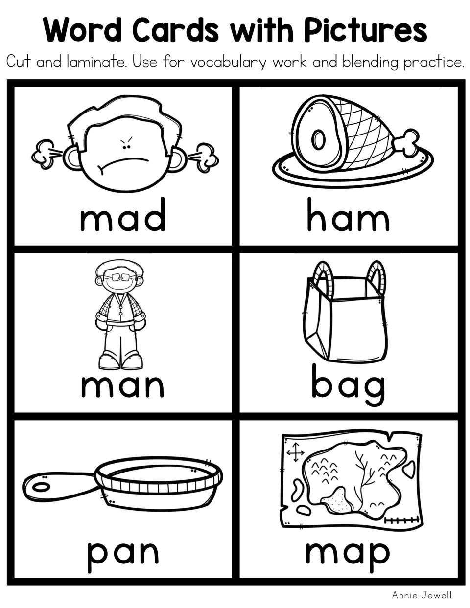 Blackline word cards for short a: mad, ham, man, bag, pan and map, each outline picture labeled for reading