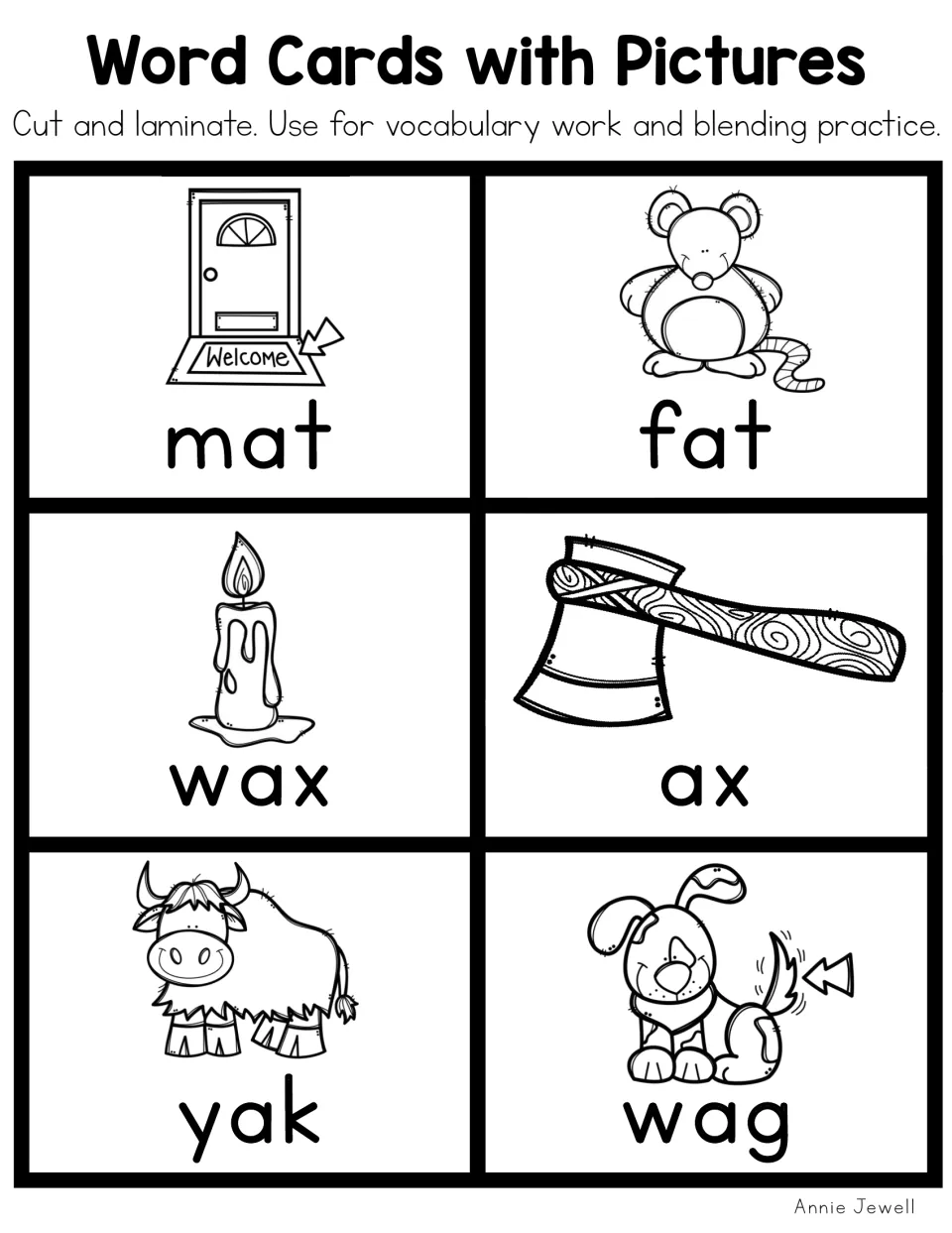 Outline picture cards for short a vocabulary: mat, fat, wax, ax, yak and wag for blending sounds into words