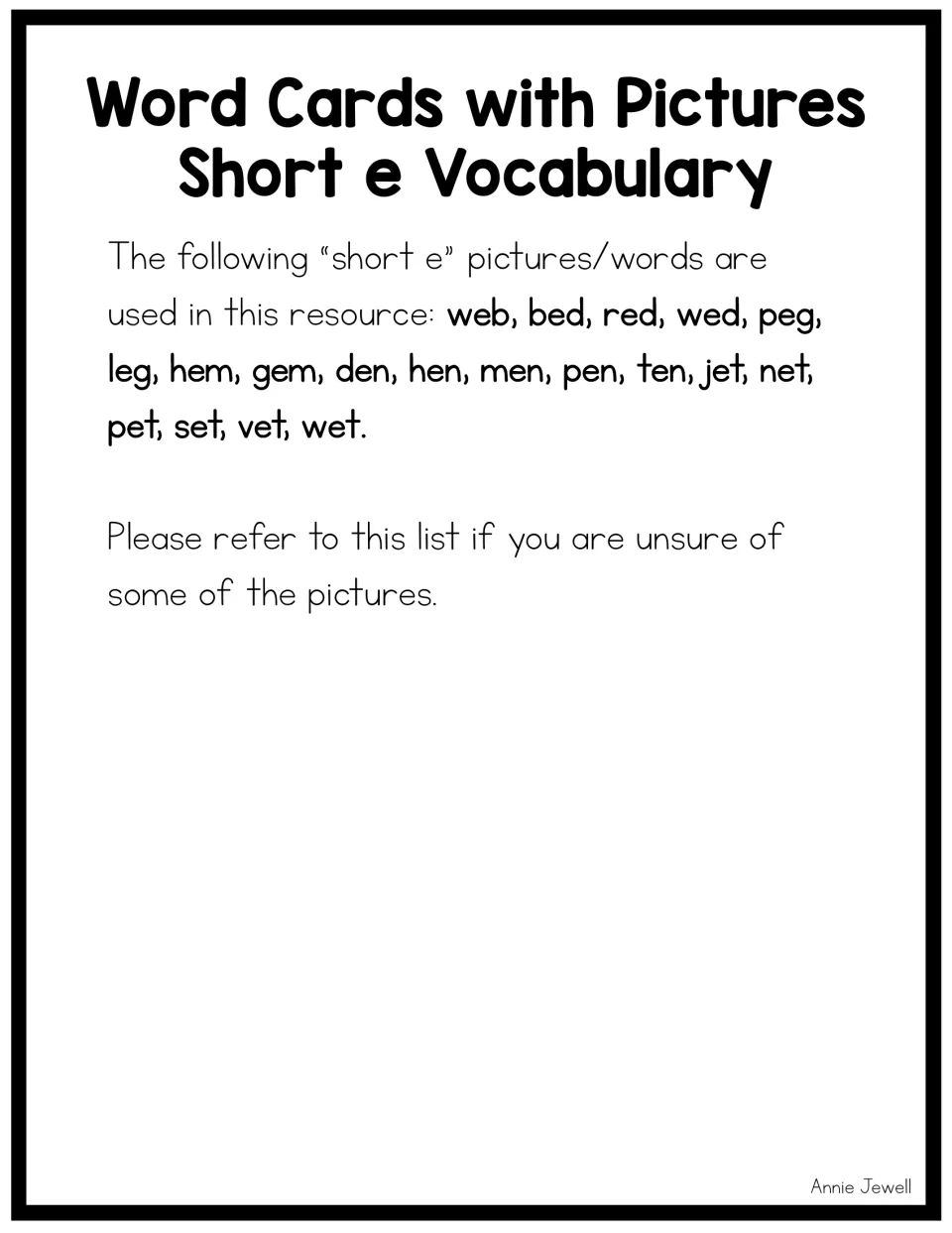 Short e vocabulary key listing all 19 picture words, from web, bed and red to vet and wet, to check unclear pictures