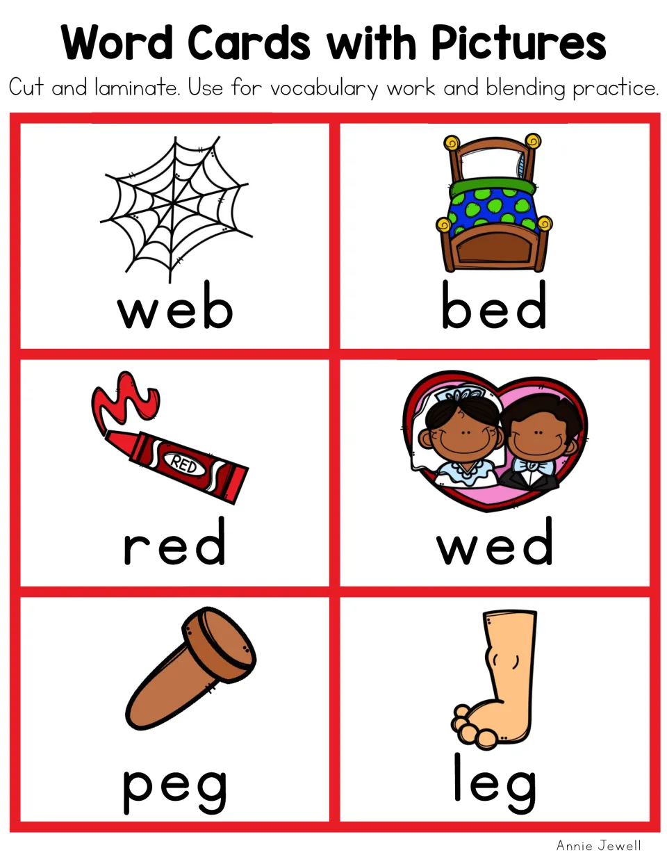Short e color word cards for web, bed, red, wed, peg and leg: students blend each CVC word using its picture clue