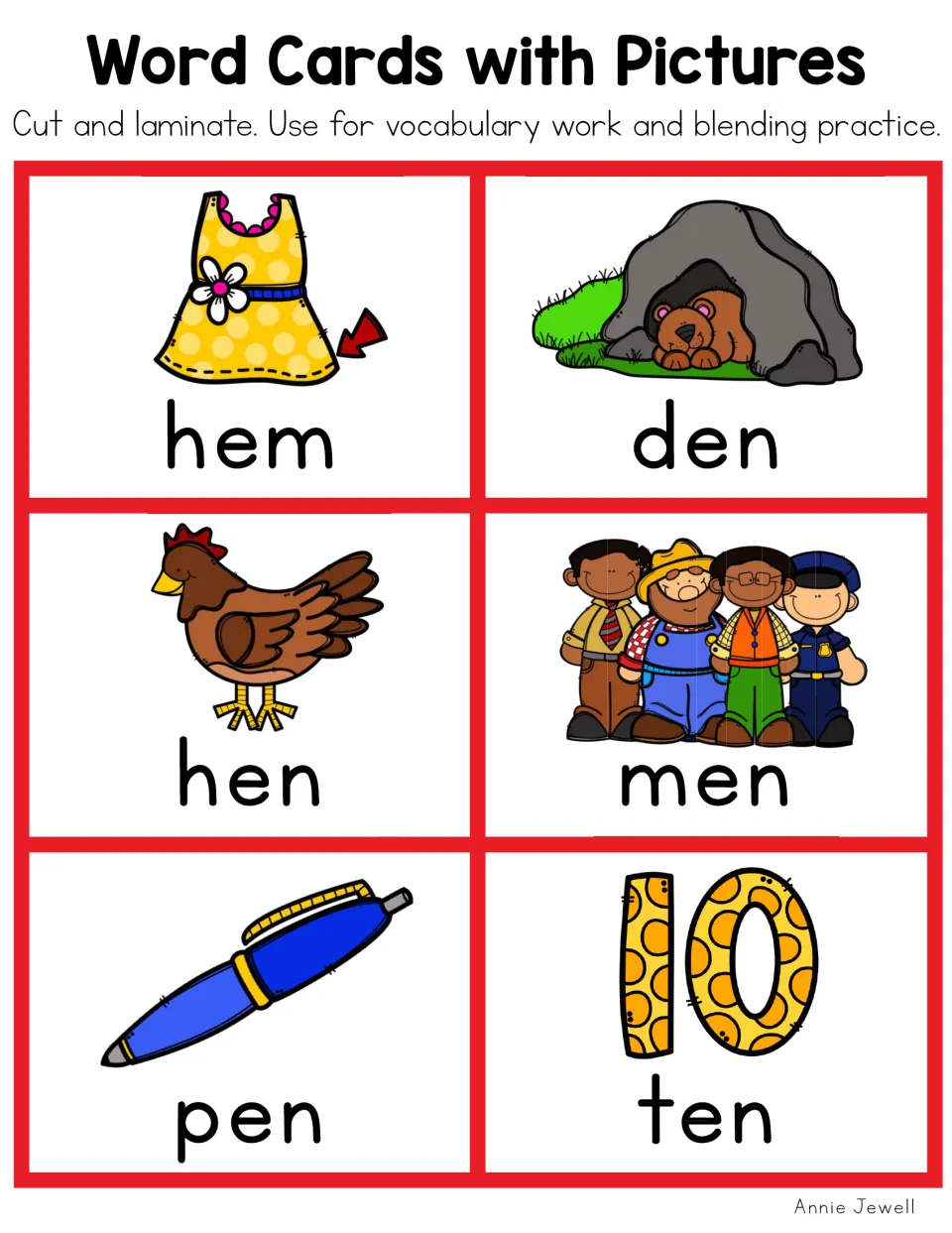 Short e color cards picturing a hem, den, hen, men, pen and the number ten: students read each -en or -em word