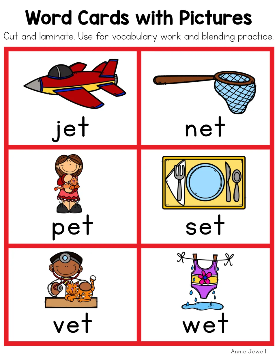 Short e color cards showing a jet, net, pet, table set, vet and wet swimsuit: students blend -et family words