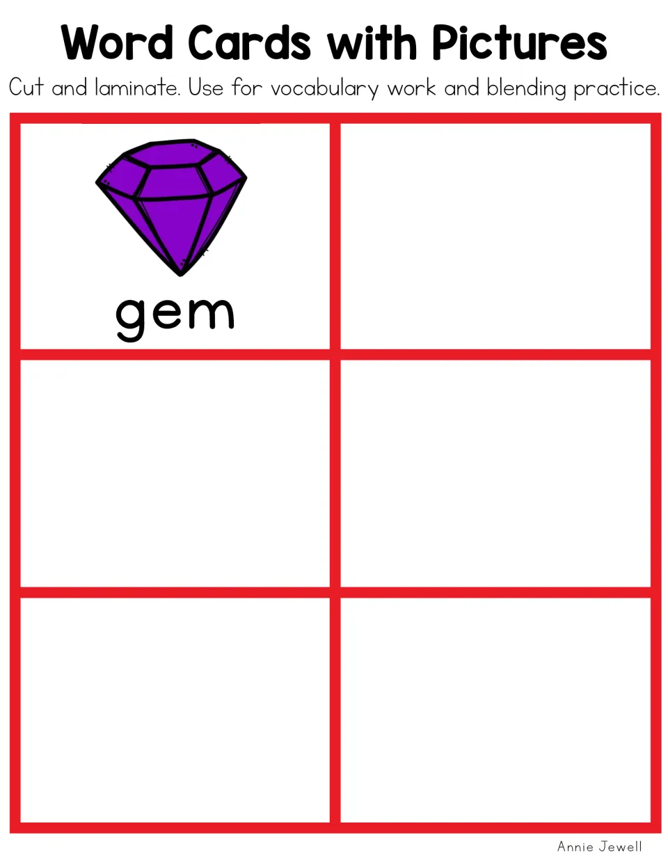 Final short e color card, gem, shown with a purple gem picture for picture-supported reading of the 19th word