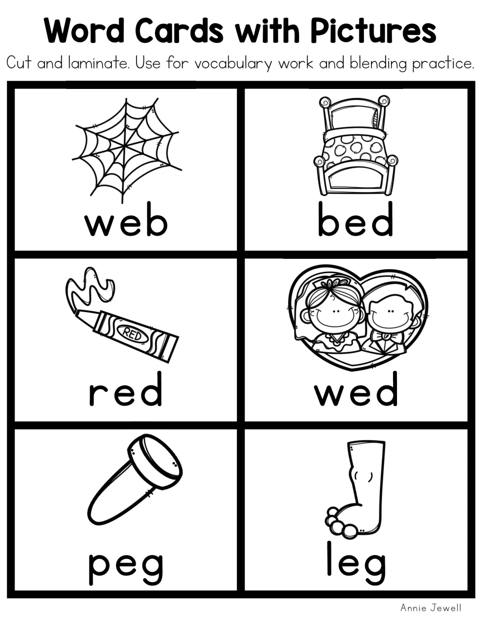 Blackline short e cards with outline pictures of a web, bed, crayon, wedding couple, peg and leg to read and blend
