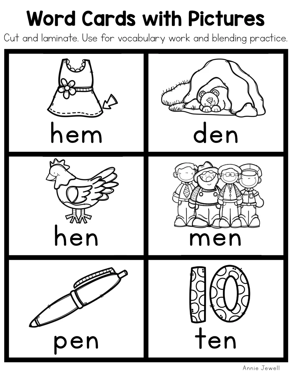 Blackline short e cards outlining a hem, den, hen, men, pen and ten, for blending -em and -en words in print