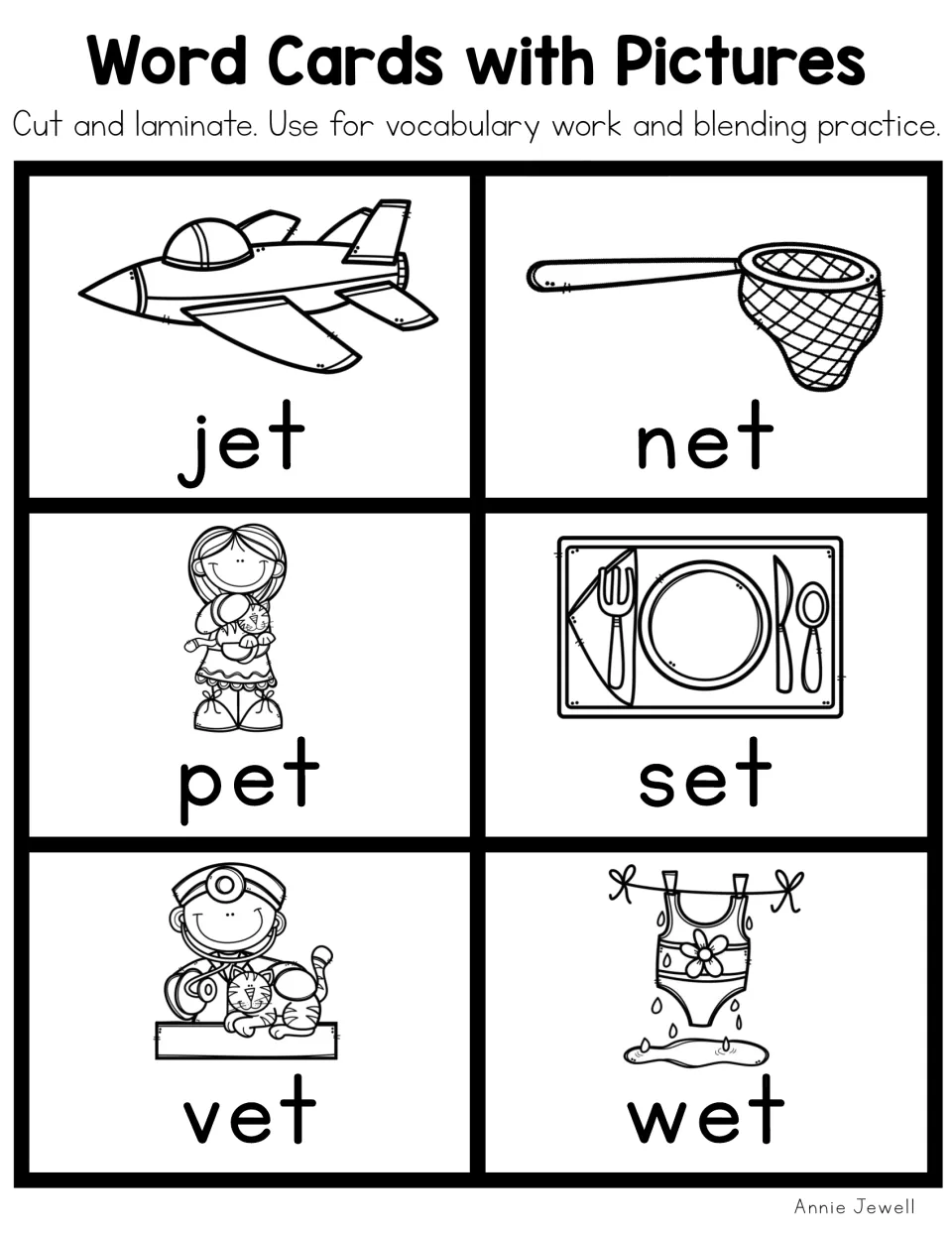 Blackline short e cards outlining a jet, net, pet, set, vet and wet: students read the -et words with picture help