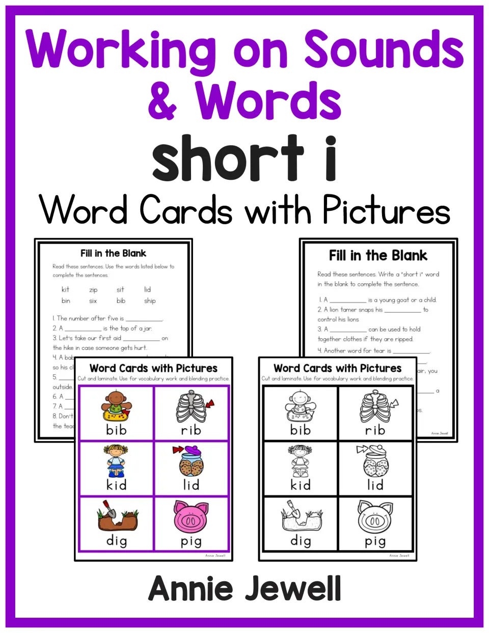 Cover of the short i picture word card resource, showing color and black-and-white cards and sentence worksheets