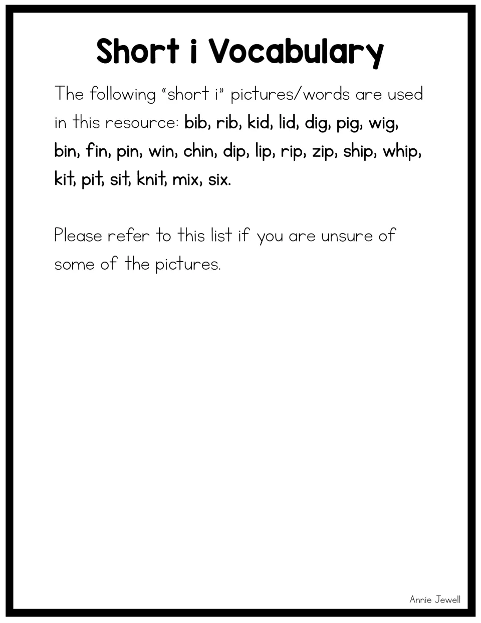 Short i vocabulary reference listing all 24 picture card words, including bib, rib, kid, chin, knit, and whip