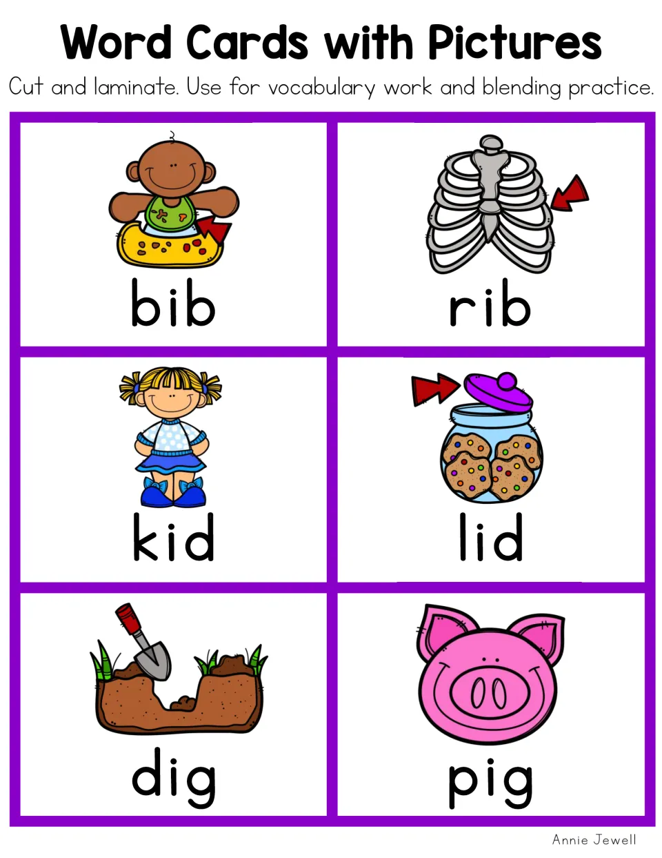 Color short i picture word cards 1–6: bib, rib, kid, lid, dig, and pig, for vocabulary and blending practice