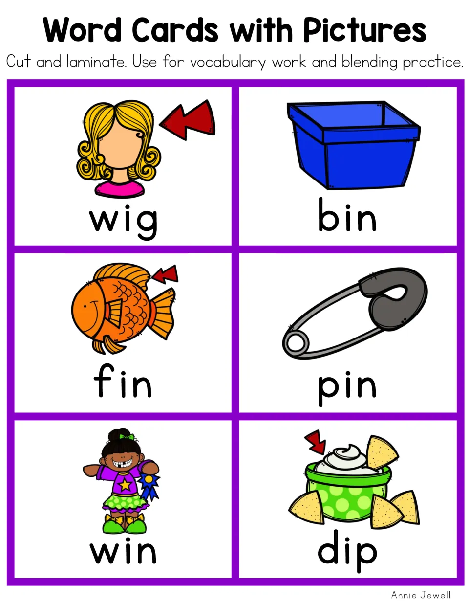 Color short i picture word cards 7–12: wig, bin, fin, pin, win, and dip, for vocabulary and blending practice