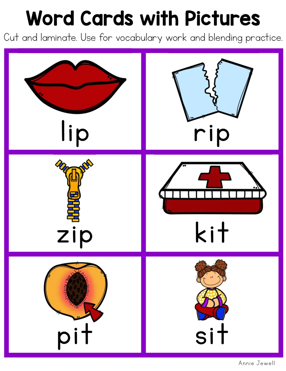 Color short i picture word cards 13–18: lip, rip, zip, kit, pit, and sit, for vocabulary and blending practice