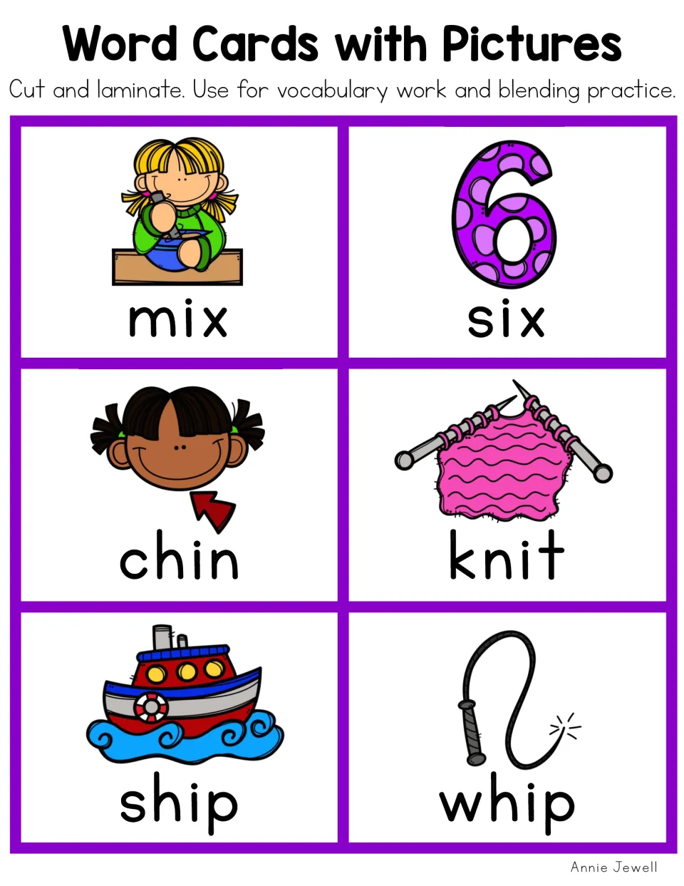 Color short i picture word cards 19–24: mix, six, chin, knit, ship, and whip, completing the color card set