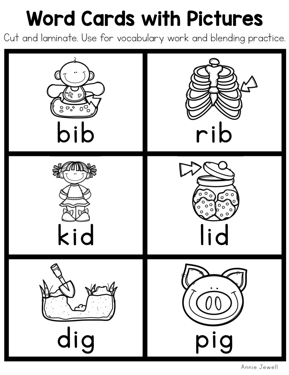 Black-and-white short i picture word cards 1–6: bib, rib, kid, lid, dig, and pig, matching the first color sheet