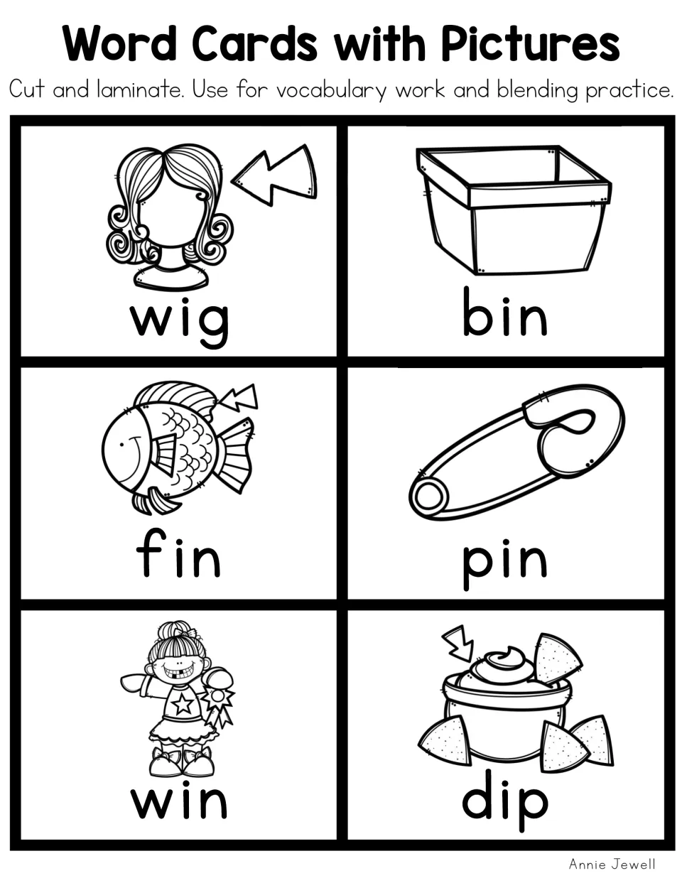 Black-and-white short i picture word cards 7–12: wig, bin, fin, pin, win, and dip, matching the second color sheet