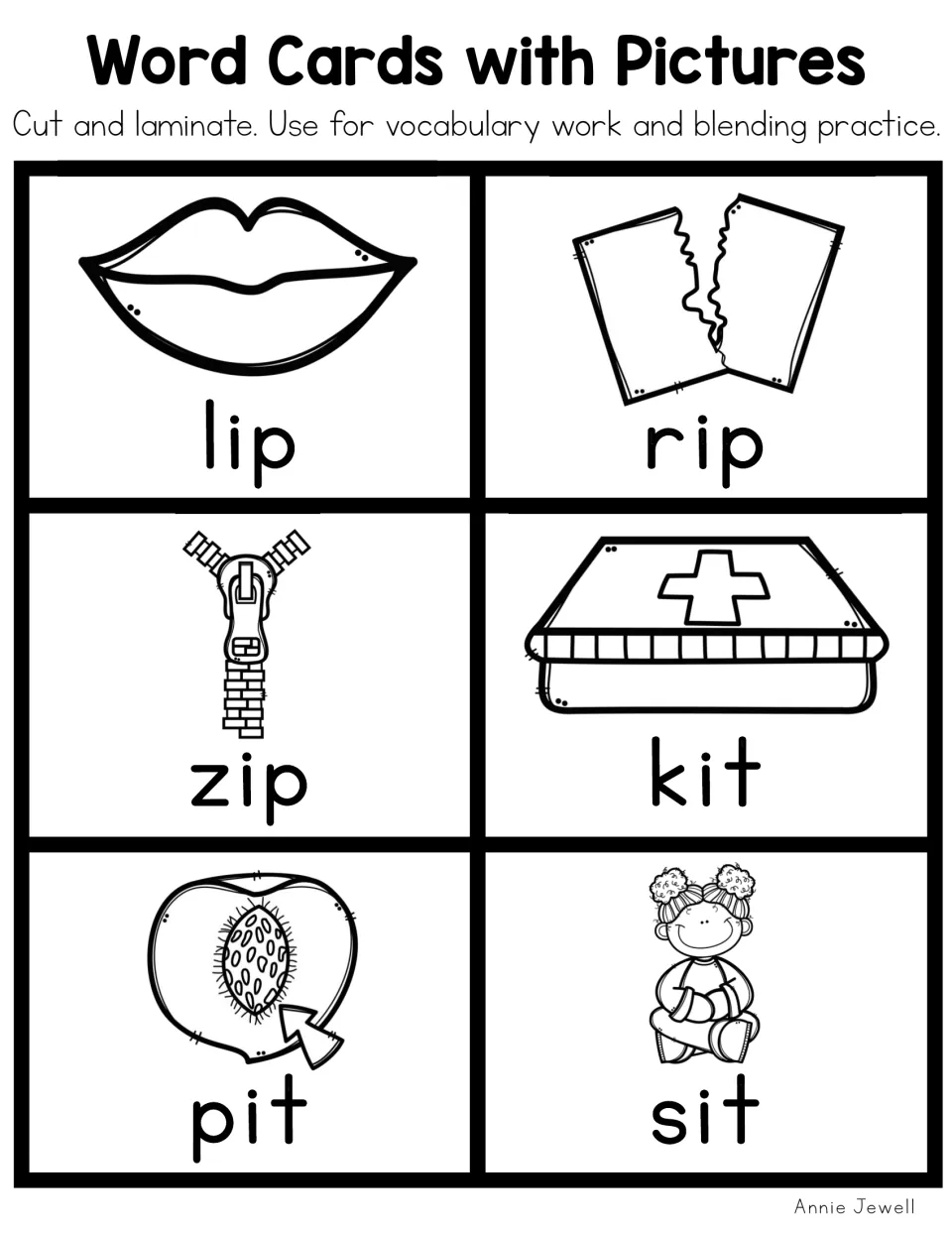 Black-and-white short i picture word cards 13–18: lip, rip, zip, kit, pit, and sit, matching the third color sheet