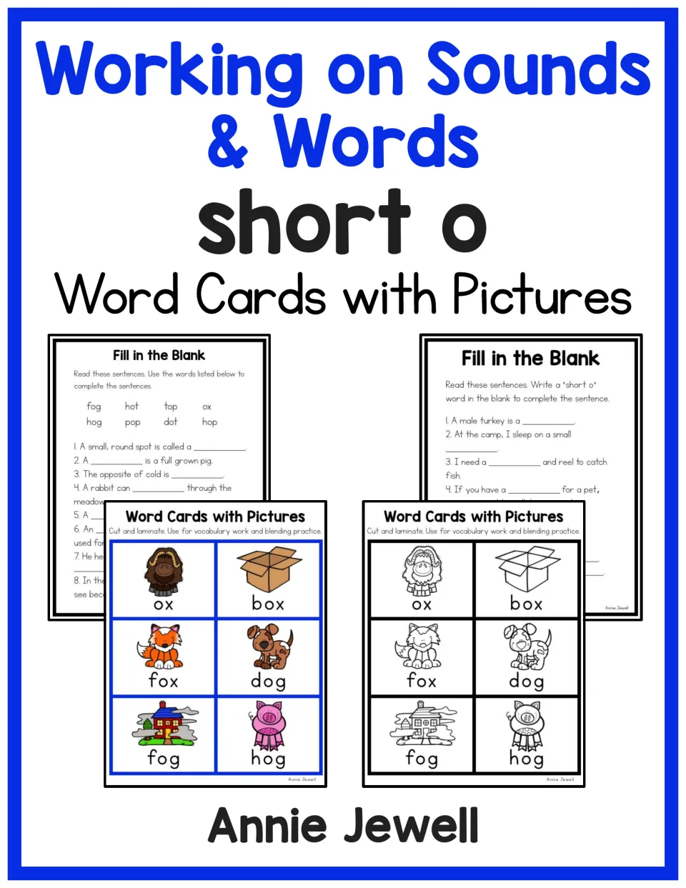 Short o word card resource cover showing color and blackline picture cards and fill-in-the-blank samples
