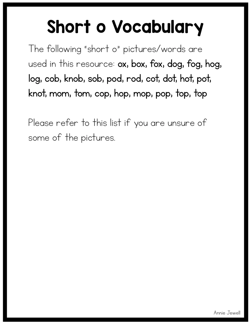 Short o vocabulary reference listing the words on all 25 picture cards, including ox, knob, knot and top