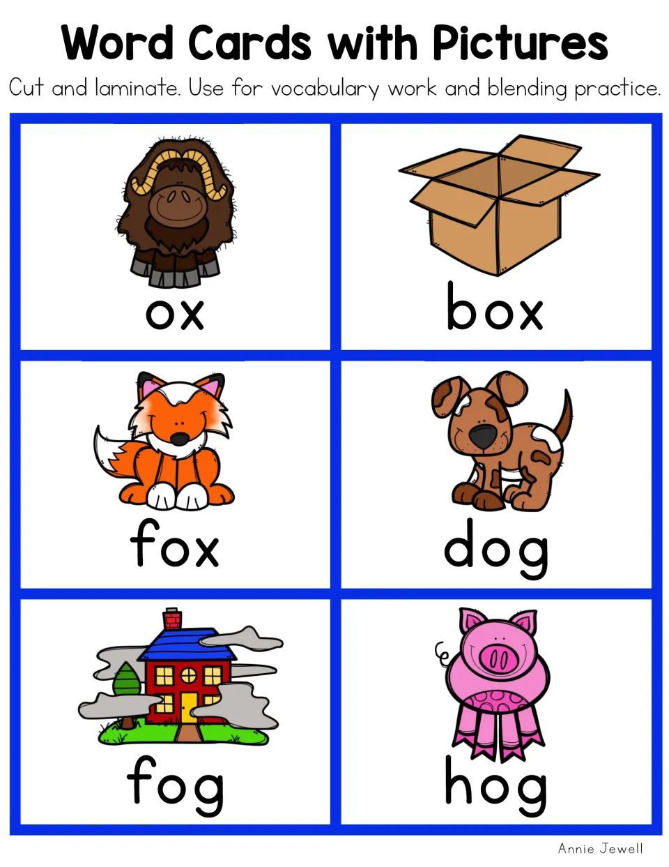 Color short o picture cards 1–6: ox, box, fox, dog, fog and hog, for vocabulary work and blending practice