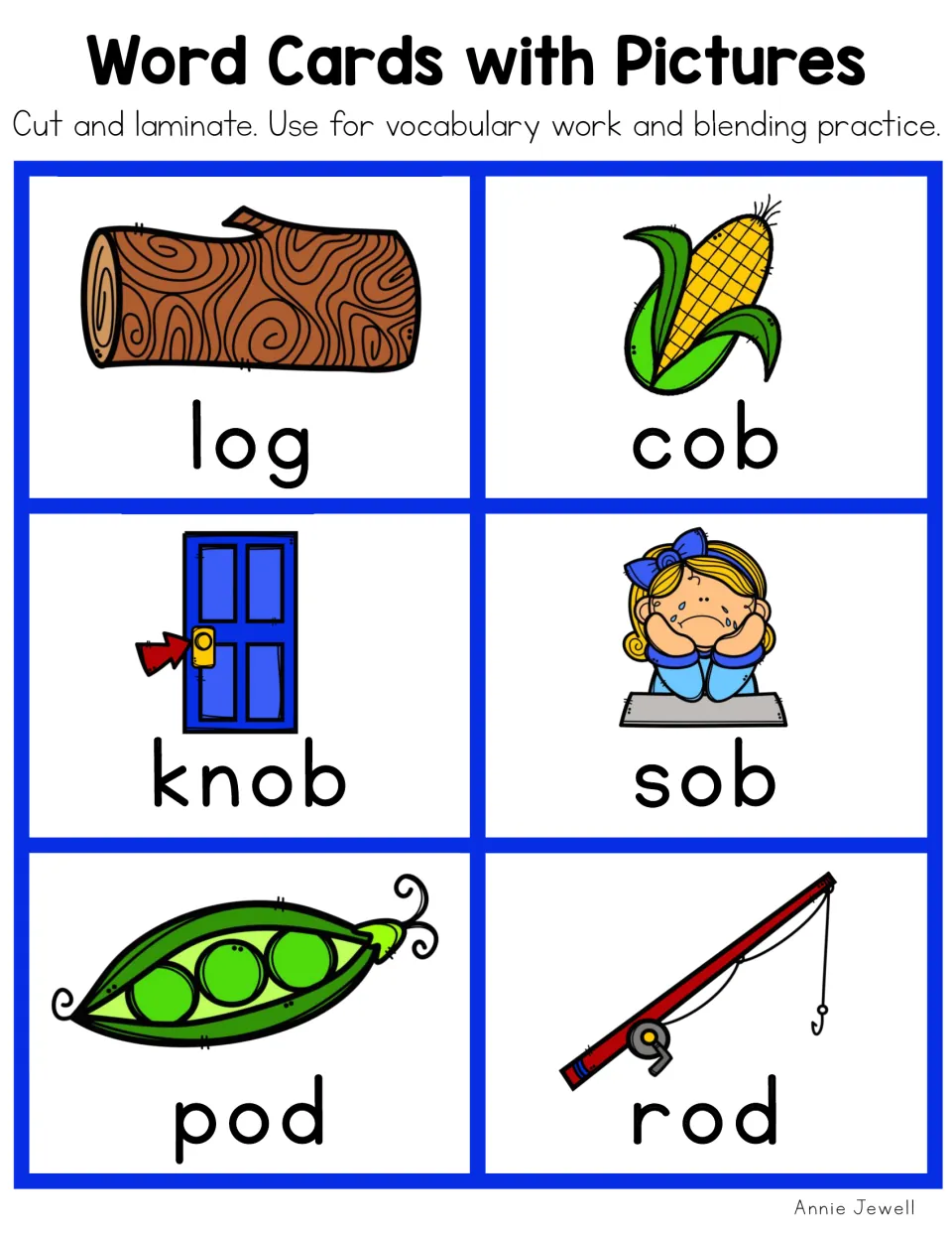 Color short o picture cards 7–12: log, cob, knob, sob, pod and rod, for vocabulary and blending practice