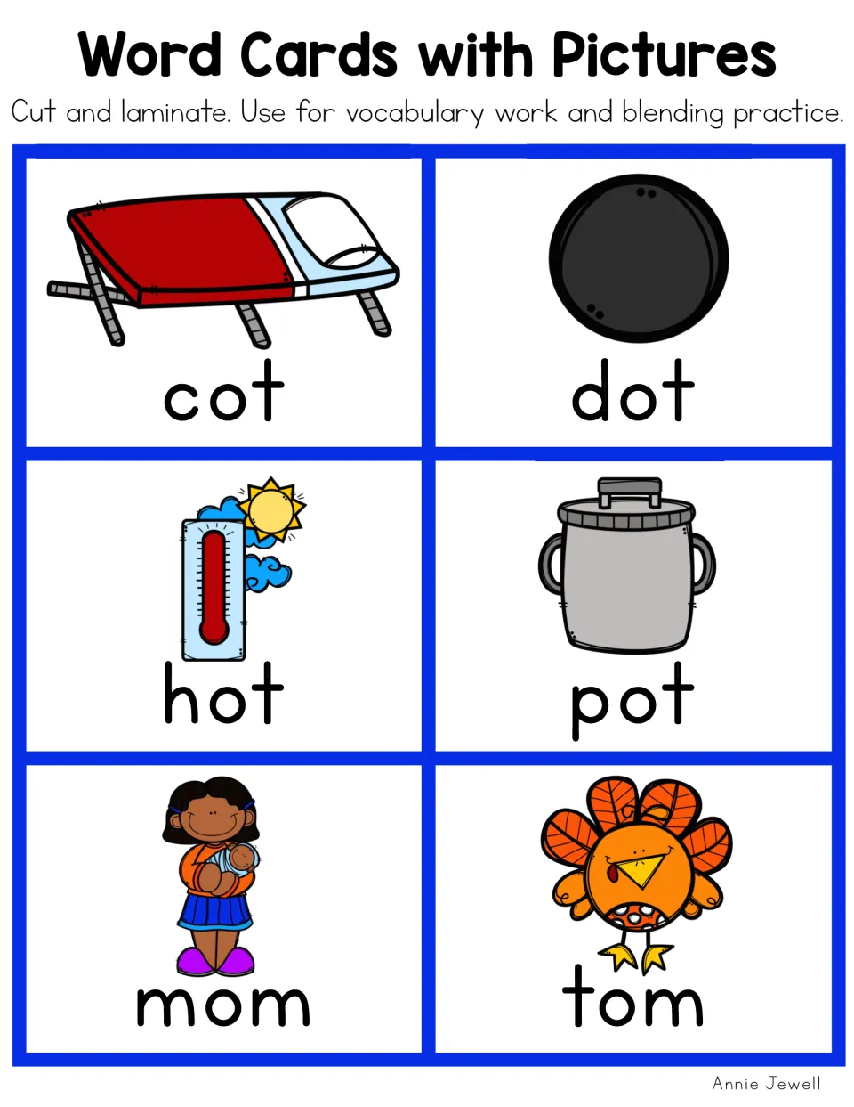 Color short o picture cards 13–18: cot, dot, hot, pot, mom and tom, with a turkey illustrating tom