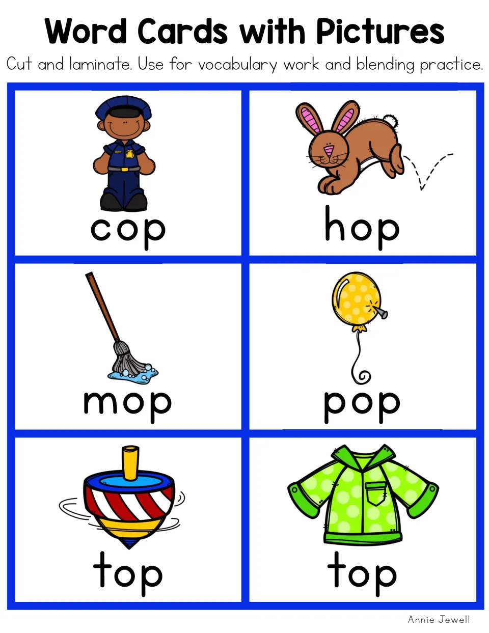 Color short o picture cards 19–24: cop, hop, mop, pop and two cards for top showing a spinning toy and shirt