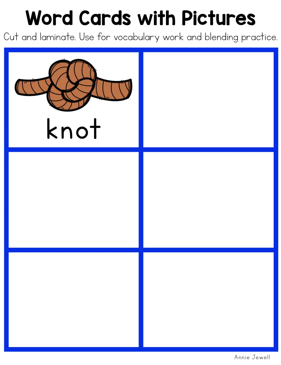 Final color short o picture card, number 25, labeled knot and showing tied rope for vocabulary practice