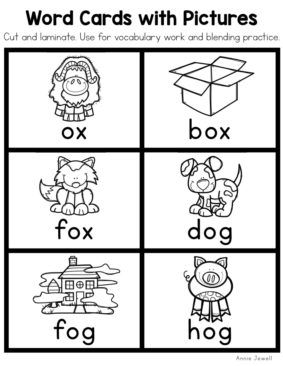 Blackline short o picture cards 1–6: ox, box, fox, dog, fog and hog, for vocabulary and blending practice