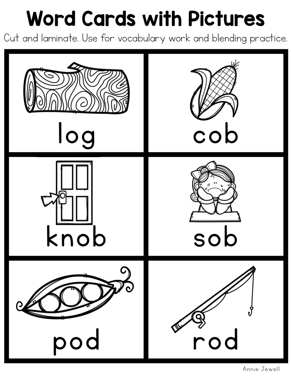 Blackline short o picture cards 7–12: log, cob, knob, sob, pod and rod, for vocabulary and blending practice