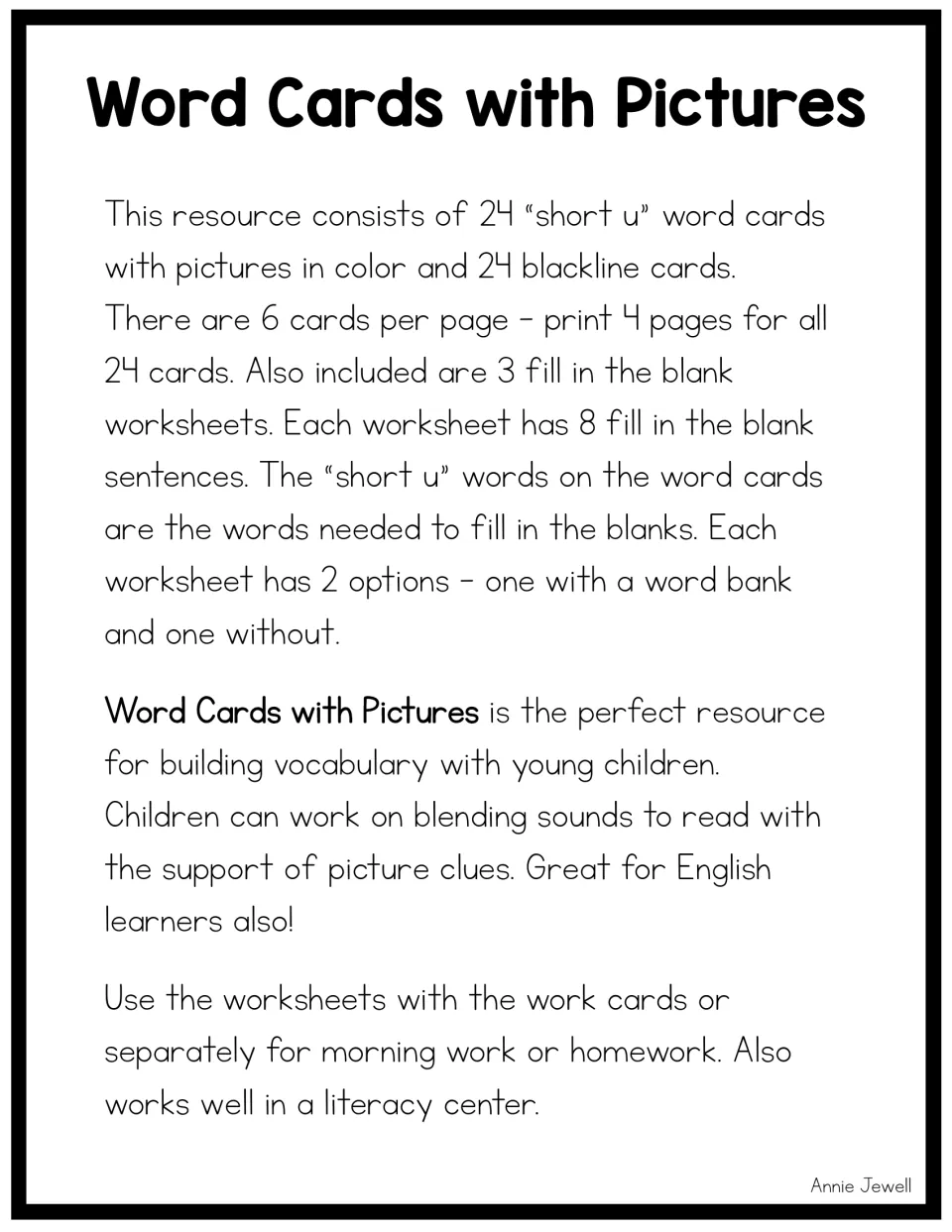 Resource overview: 24 short u picture word cards in color and blackline, plus 3 fill-in-the-blank worksheets with word banks