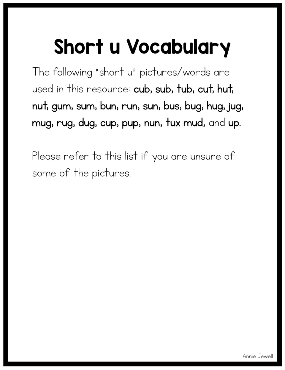 Short u vocabulary list naming all 24 picture words, from cub, sub and tub to pup, nun, tux, mud and up, to check pictures