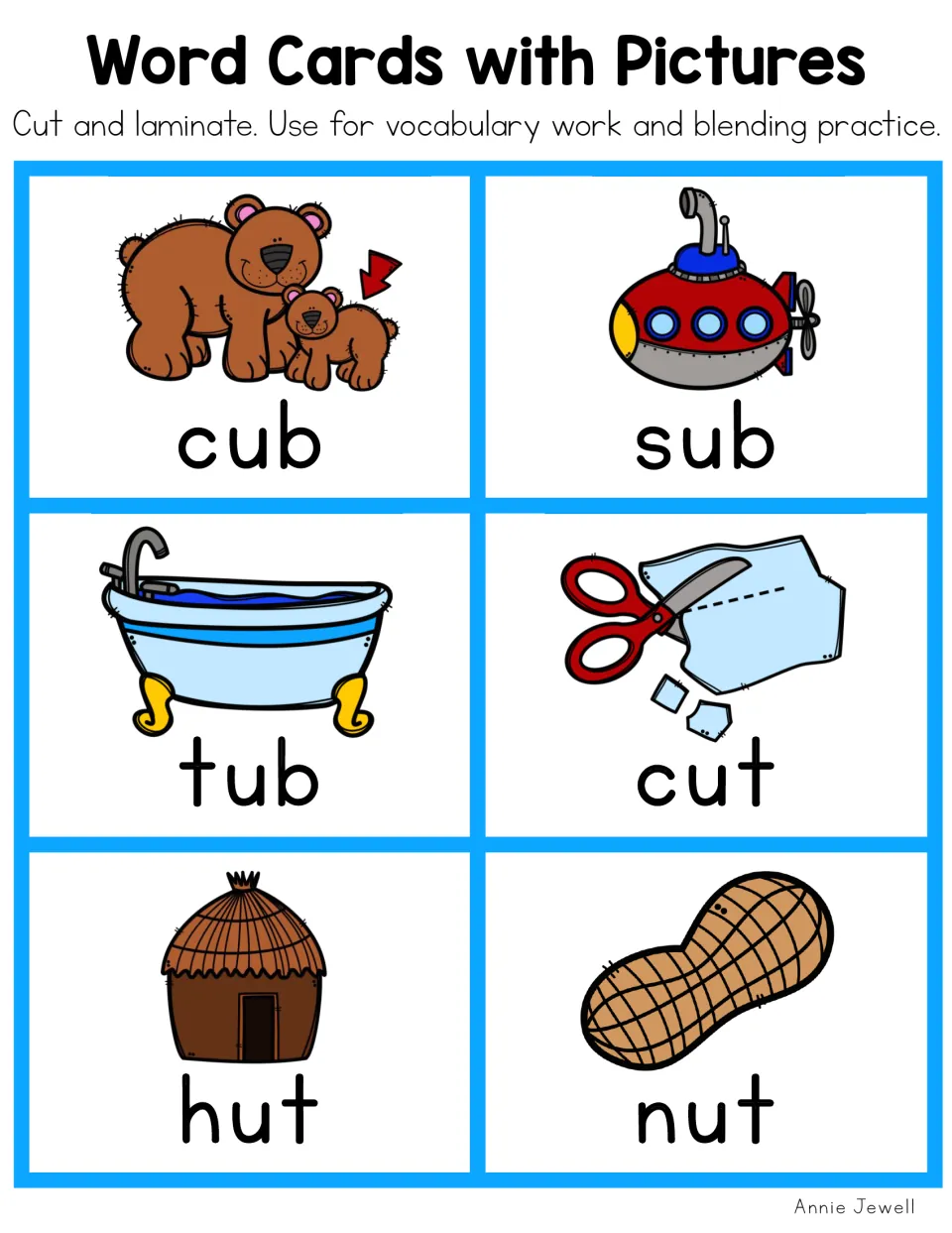 Short u picture cards in color: cub, sub, tub, cut, hut and nut, each word under its picture, to cut out for blending
