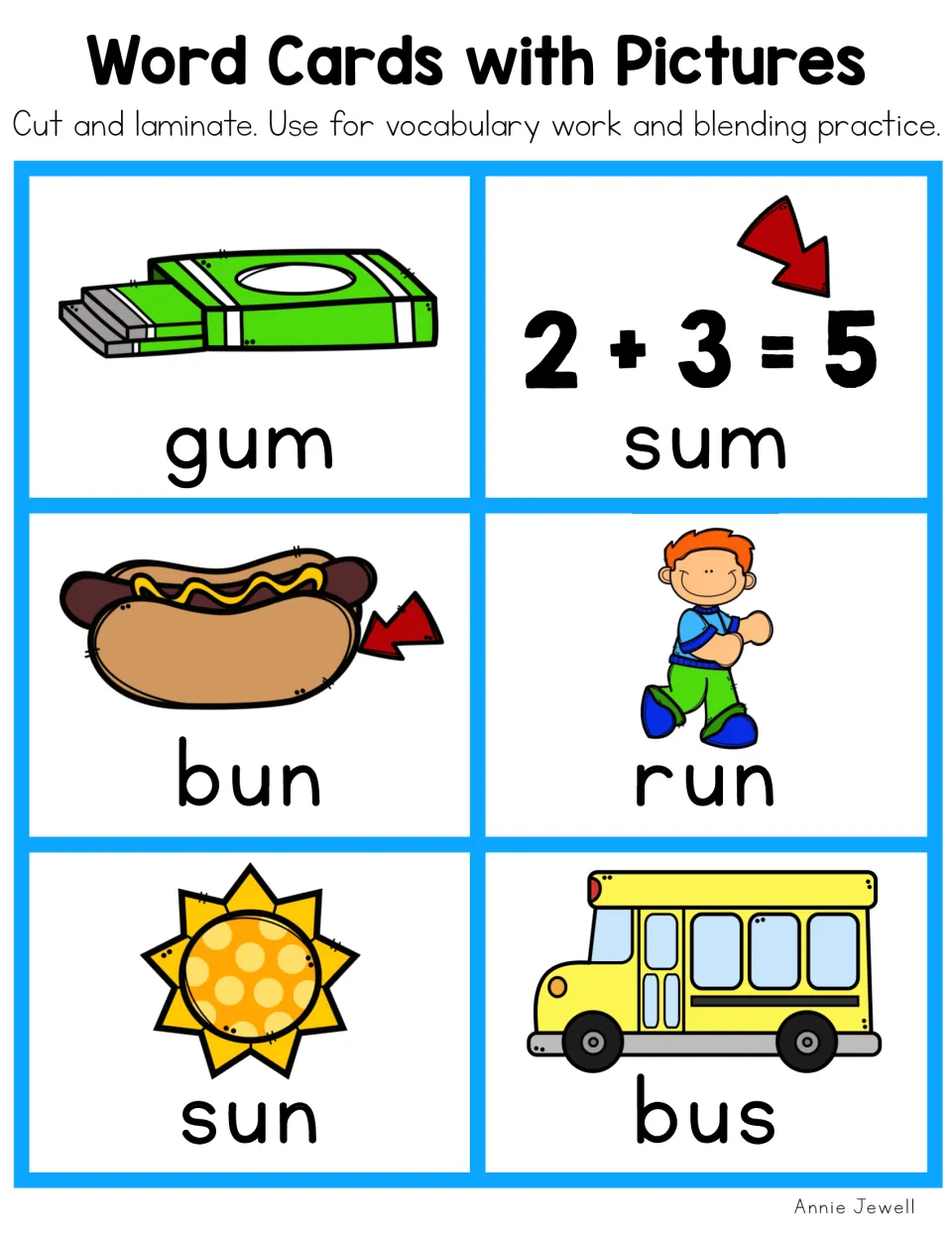 Short u picture cards in color: gum, sum shown as 2+3=5, bun, run, sun and bus, for reading words by blending sounds