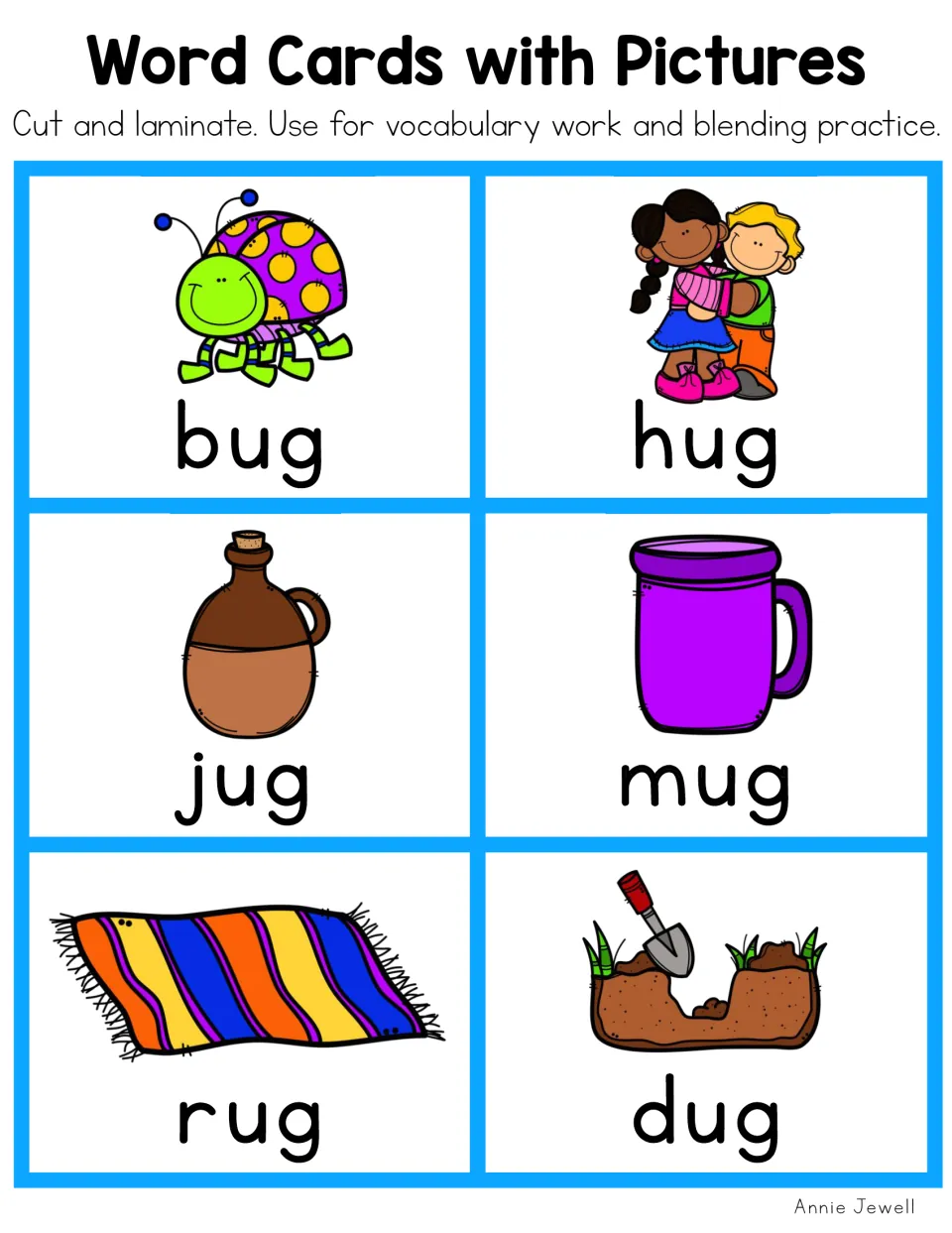 Short u picture cards in color: bug, hug, jug, mug, rug and dug, each labeled word under a clip-art picture for blending