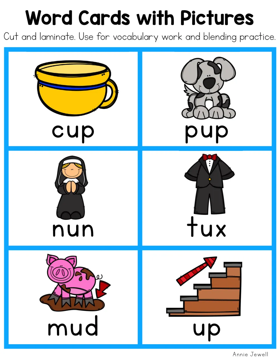 Short u picture cards in color: cup, pup, nun, tux, mud and up, each word paired with a picture clue for blending practice