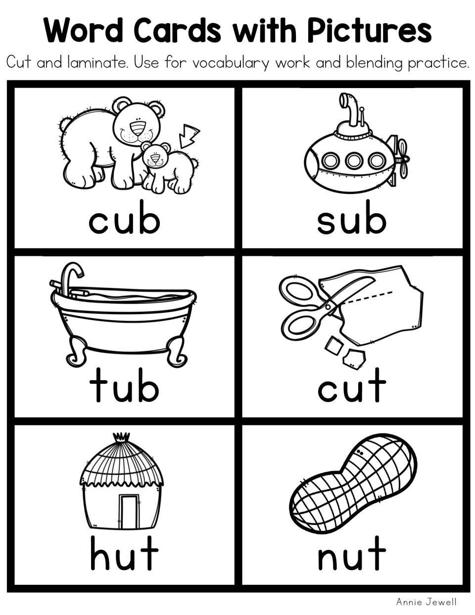 Blackline short u picture cards: cub, sub, tub, cut, hut and nut in printer-friendly black and white for reading practice