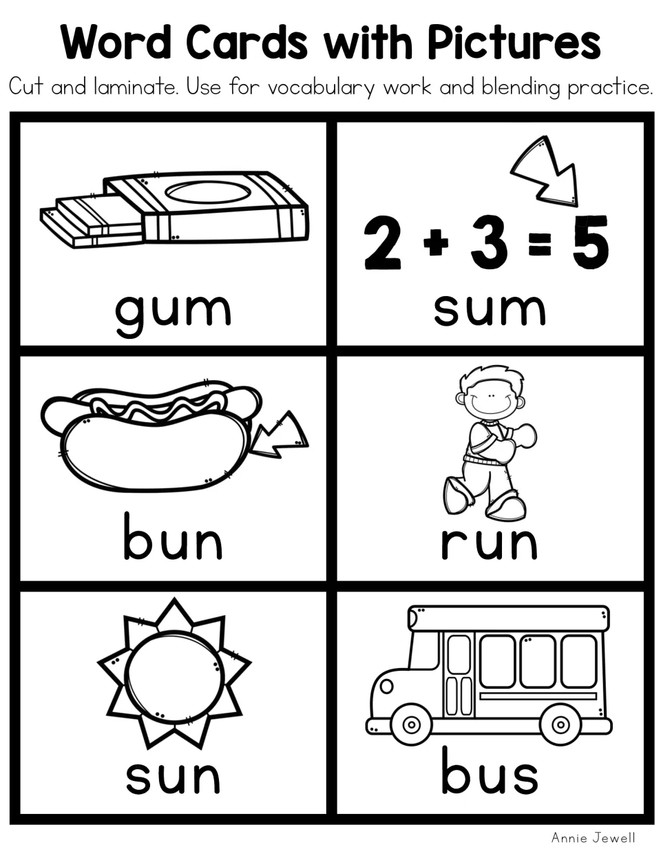 Blackline short u picture cards: gum, sum (2+3=5), bun, run, sun and bus with outline pictures for reading by blending sounds
