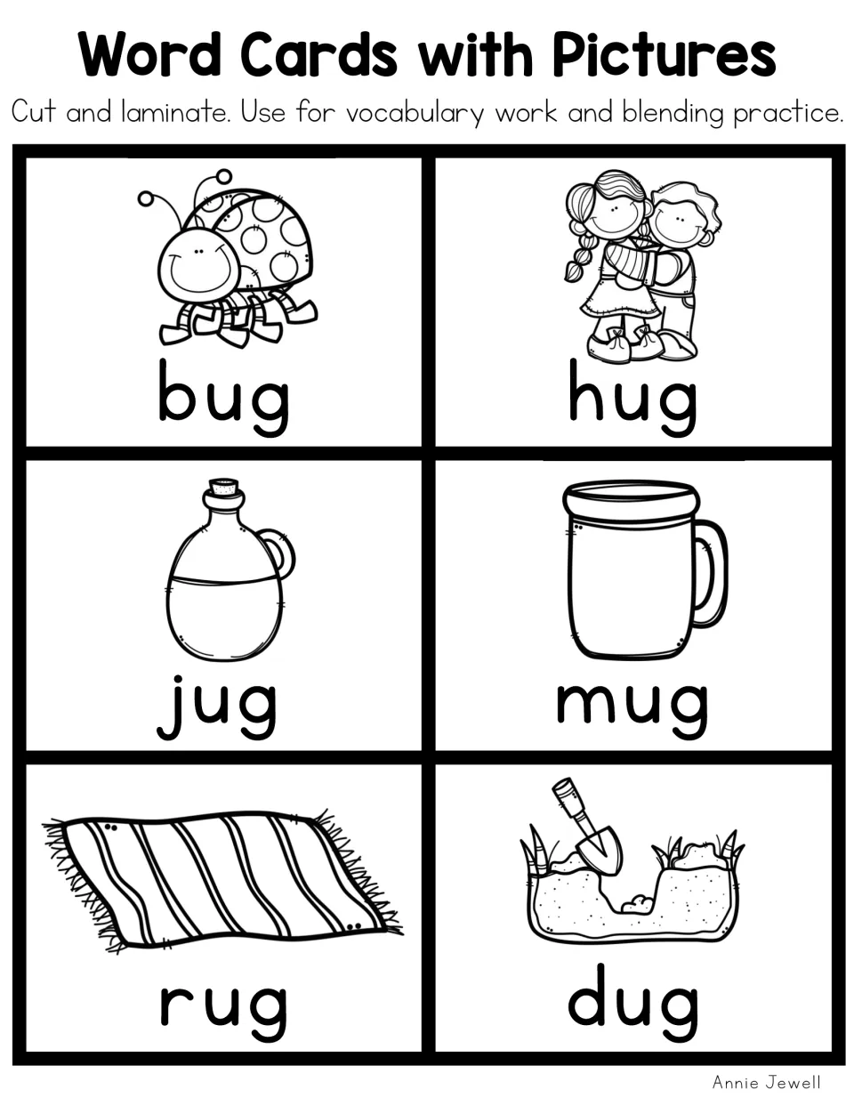 Blackline short u picture cards: bug, hug, jug, mug, rug and dug with outline clip art, to cut and laminate for word practice