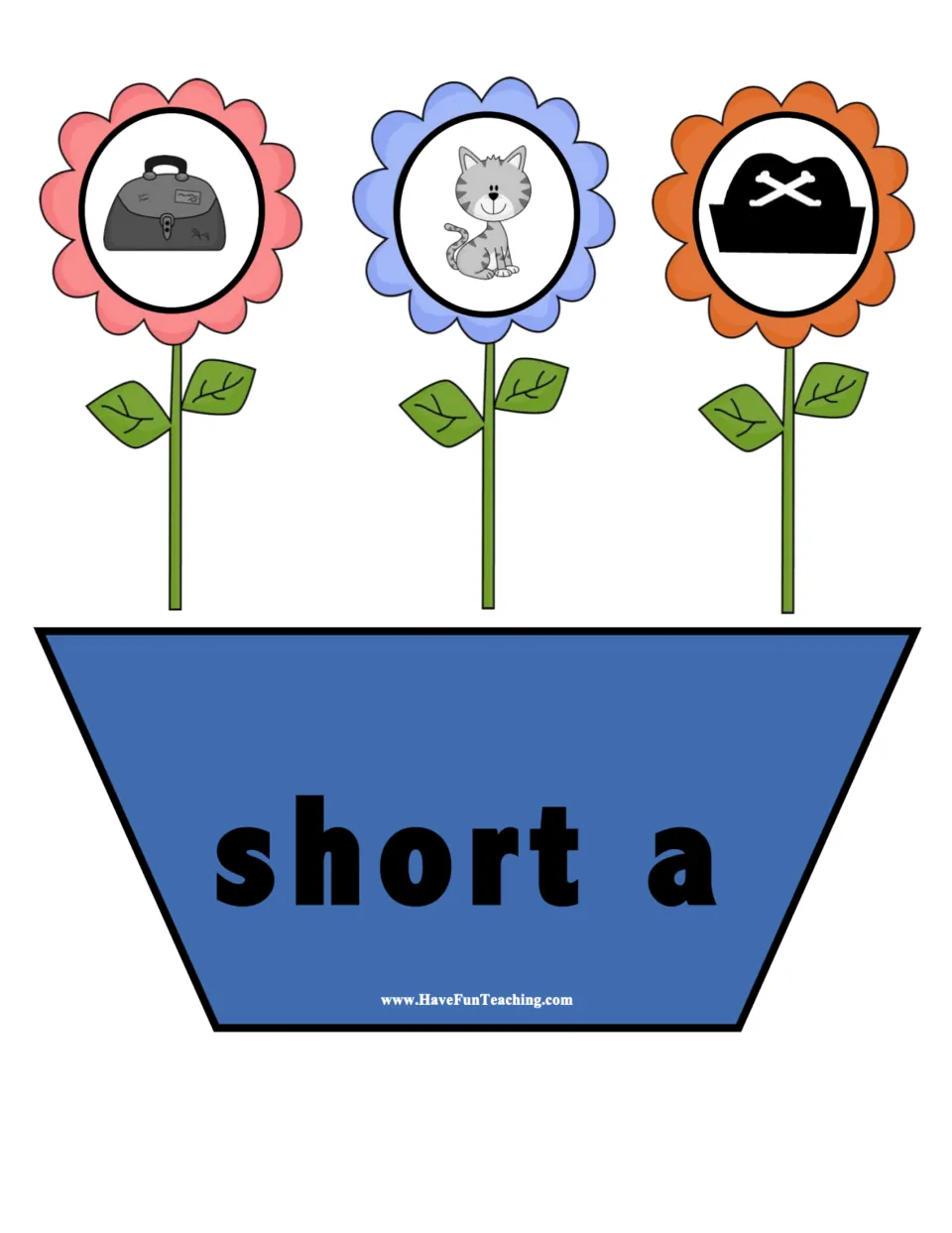 Short a sort mat: flowers showing a bag, a cat and a hat grow from a pot labelled short a for sorting by vowel sound