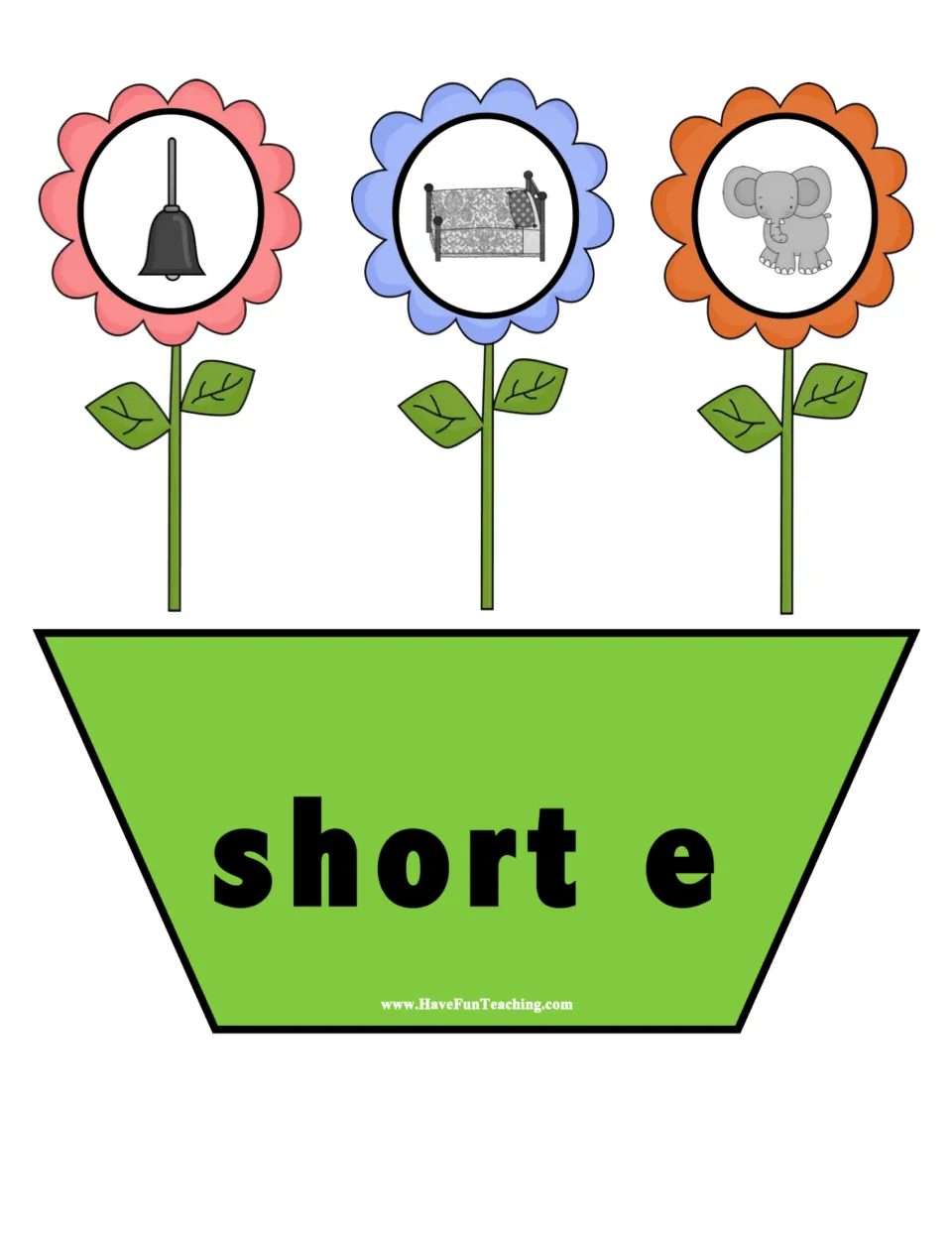 Short e sort mat: flowers picture a bell, a bed and an elephant above a pot labelled short e for sound sorting