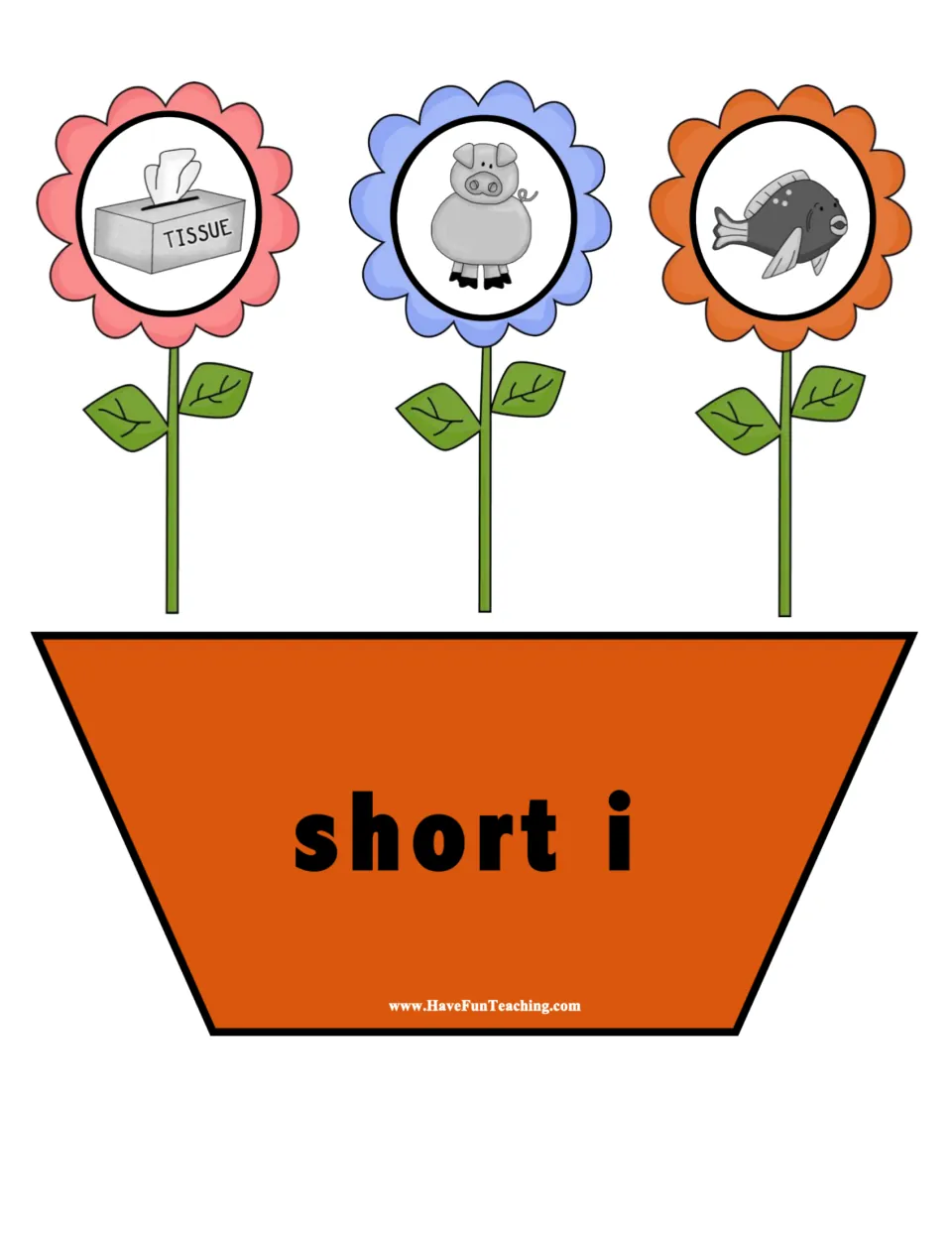 Short i sort mat: a tissue box, a pig and a fish sit in flowers over a pot labelled short i to match the vowel sound