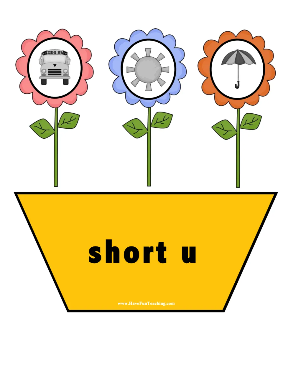 Short u sort mat: a school bus, the sun and an umbrella fill three flowers over a pot labelled short u