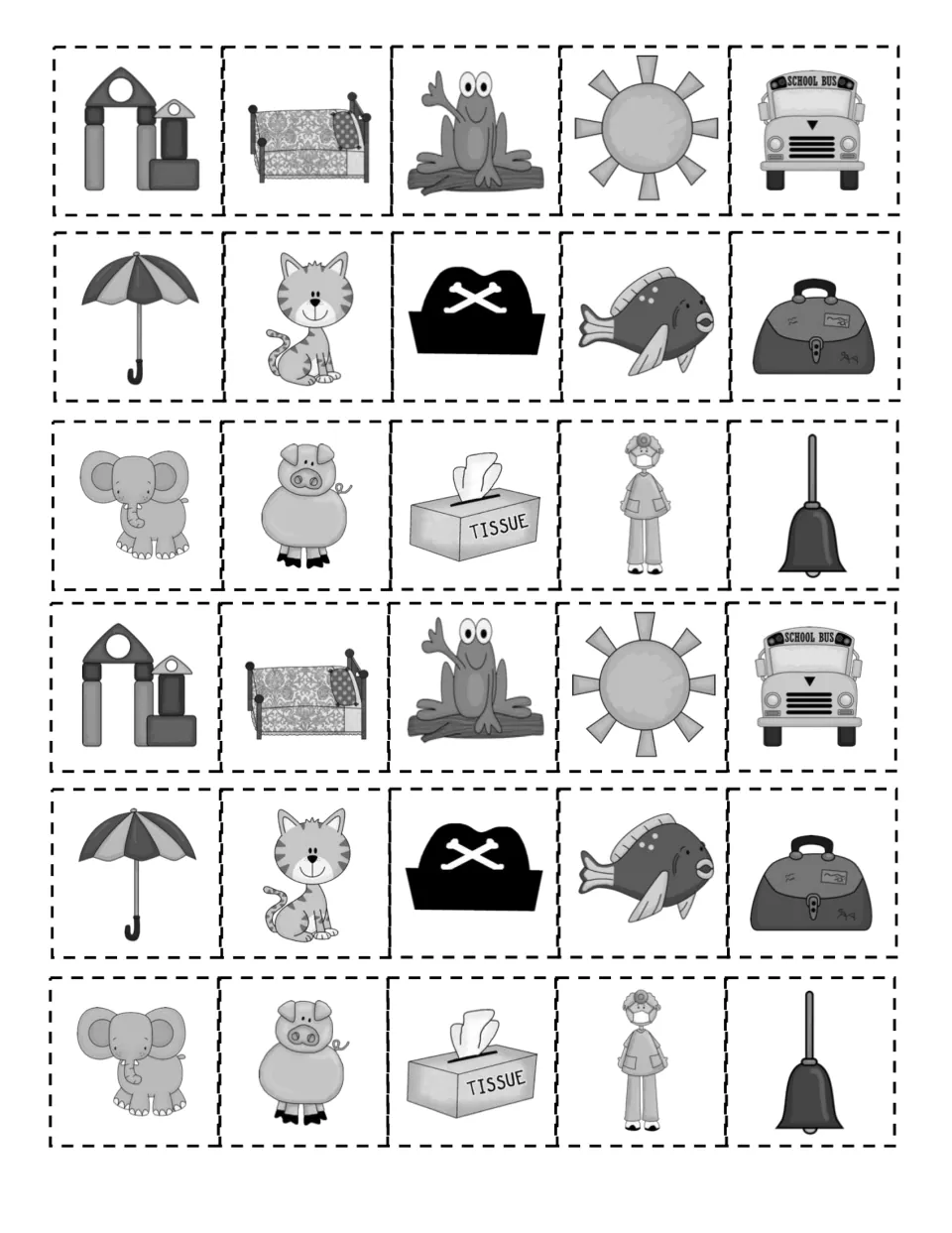 Picture cards to cut out: two sets of 15 images such as cat, bed, pig, frog and bus for sorting by short vowel
