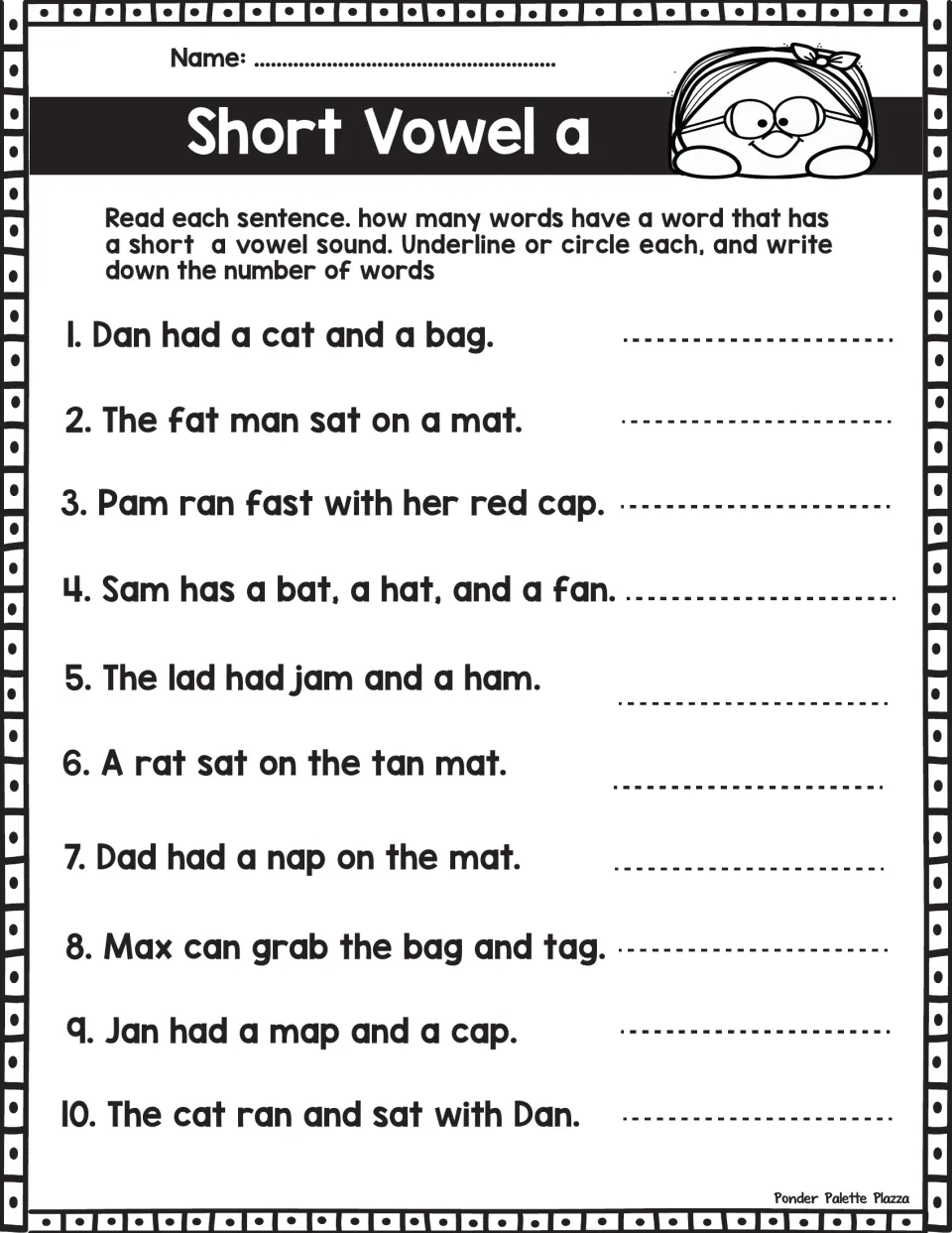 Short vowel a sentences: students circle each short a word, such as cat, bag and mat, then write the count for 10 lines