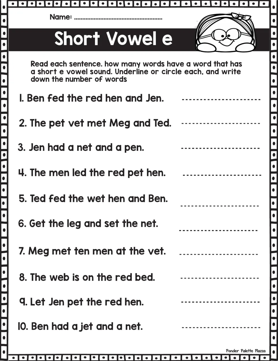 Short vowel e sentences: students underline short e words like hen, vet and net and record the total for each of 10 items
