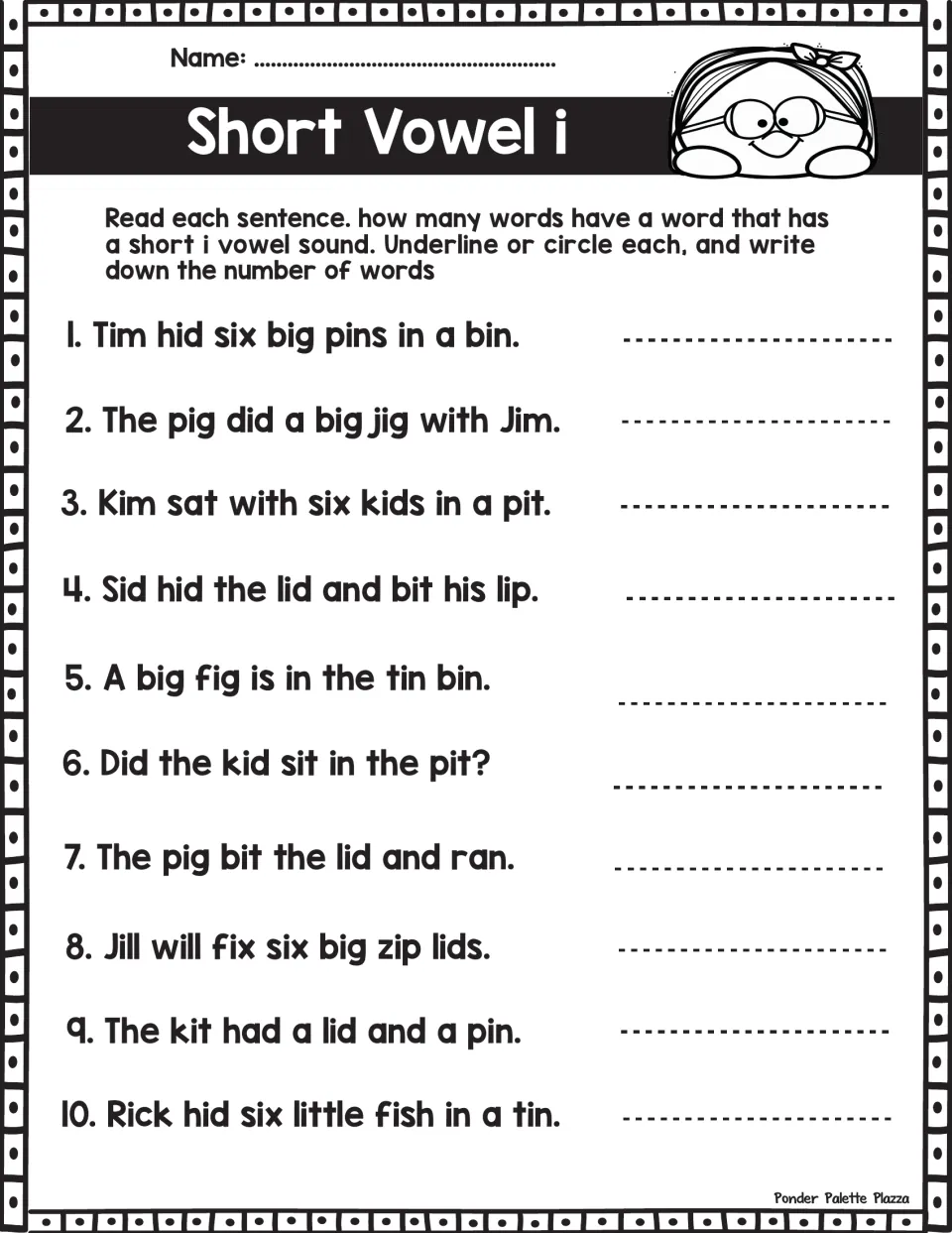 Short vowel i hunt: learners circle words such as pig, bin and lid in 10 sentences and write how many short i words appear